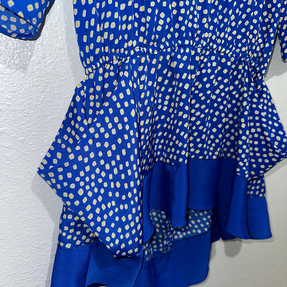 Women's BCBGeneration Blue Yellow Polka Dot Peplum Blouse XS Pockets Zip Up - Picture 5 of 13